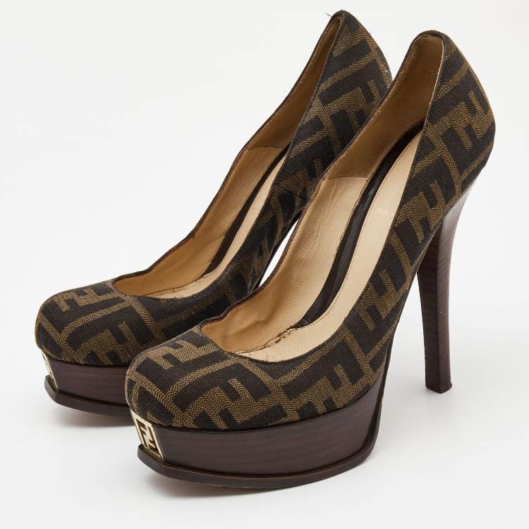 Pre Owned Fendi Brown Tobacco Zucca Canvas Fendista Platform Pumps Size 38.5