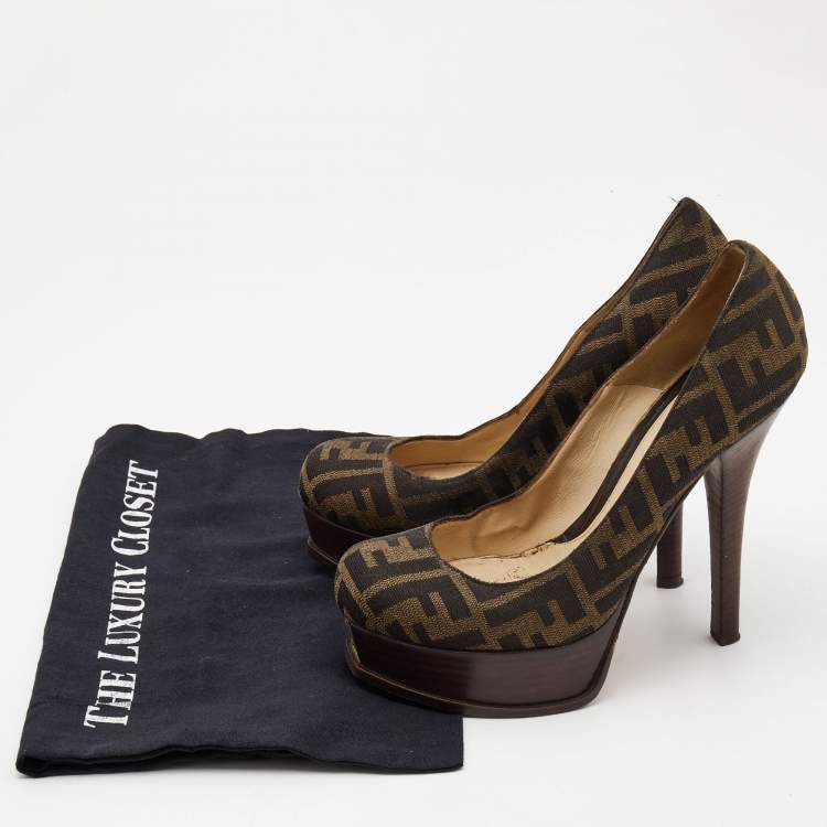 Pre Owned Fendi Brown Tobacco Zucca Canvas Fendista Platform Pumps Size 38.5
