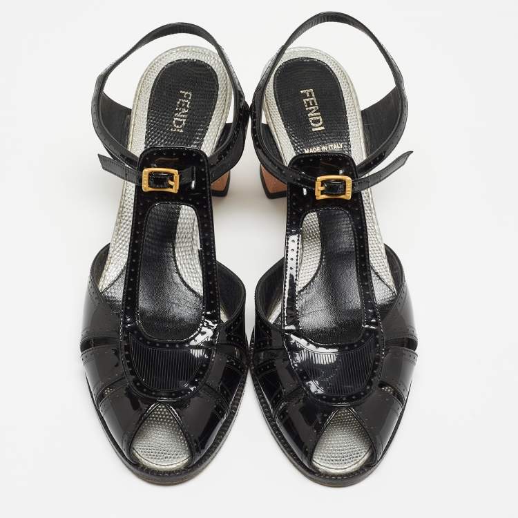 مملوكة مسبقًا Fendi Black Patent Leather Peep Toe T-Bar Ankle Strap Sandals Size 41