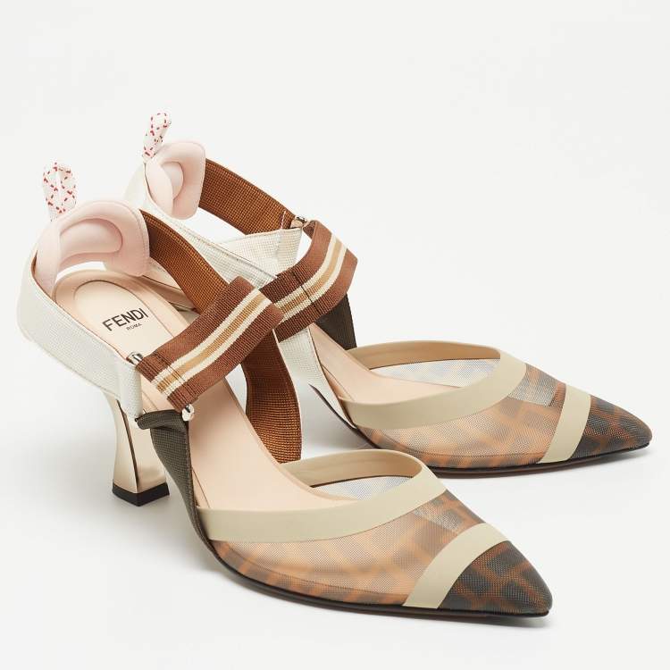 Pre Owned Fendi Tricolor Zucca Mesh and Leather Colibri Slingback Pumps Size 37.5