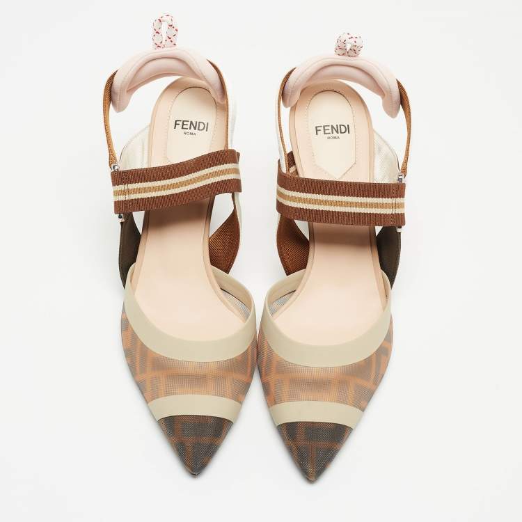 Pre Owned Fendi Tricolor Zucca Mesh and Leather Colibri Slingback Pumps Size 37.5