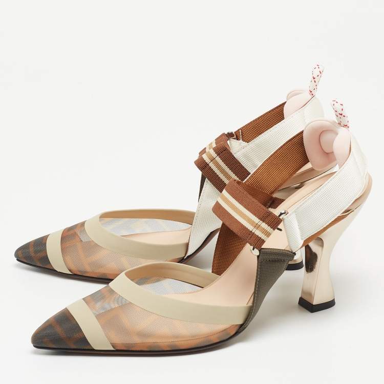Pre Owned Fendi Tricolor Zucca Mesh and Leather Colibri Slingback Pumps Size 37.5