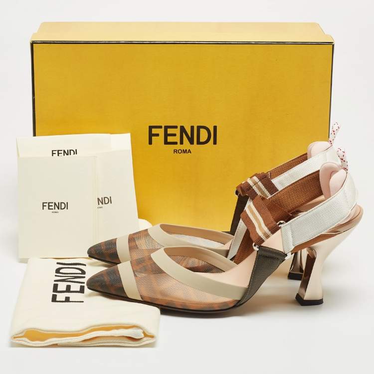 Pre Owned Fendi Tricolor Zucca Mesh and Leather Colibri Slingback Pumps Size 37.5