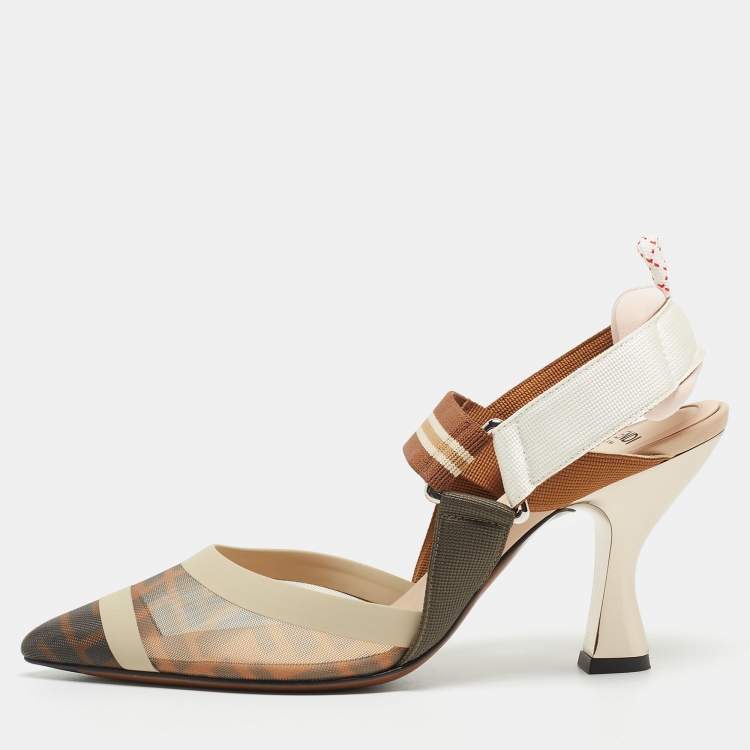 Pre Owned Fendi Tricolor Zucca Mesh and Leather Colibri Slingback Pumps Size 37.5