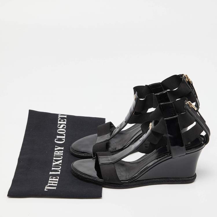 Pre Owned Fendi Black Patent Leather Ankle Strap Wedge Sandals Size 38