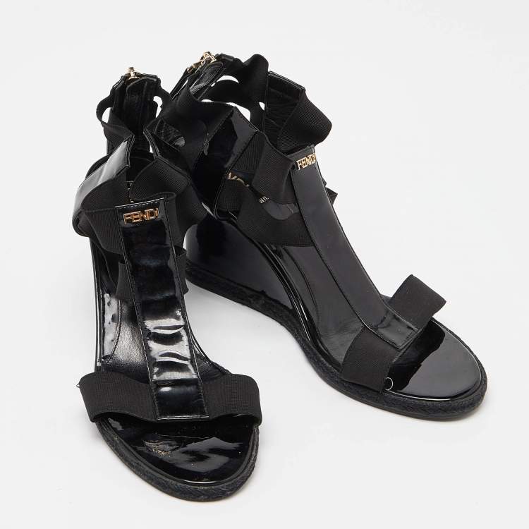 Pre Owned Fendi Black Patent Leather Ankle Strap Wedge Sandals Size 38