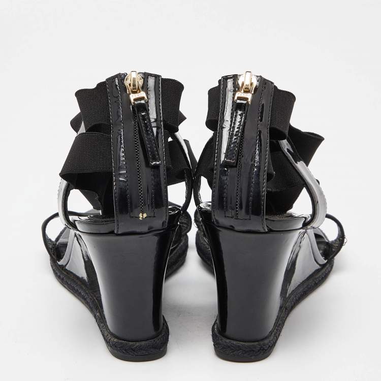 Pre Owned Fendi Black Patent Leather Ankle Strap Wedge Sandals Size 38