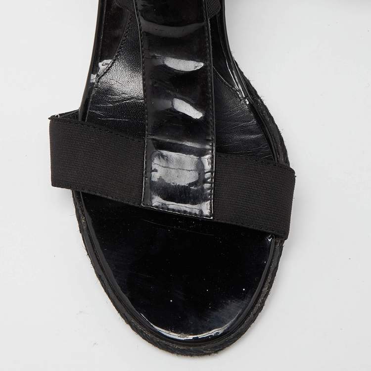 Pre Owned Fendi Black Patent Leather Ankle Strap Wedge Sandals Size 38