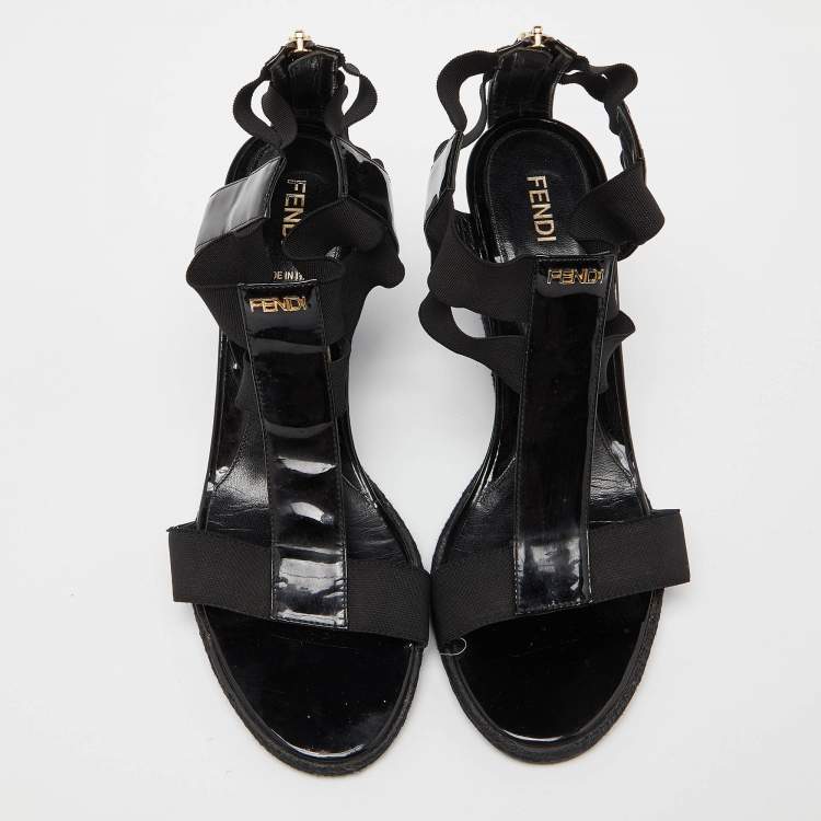 Pre Owned Fendi Black Patent Leather Ankle Strap Wedge Sandals Size 38