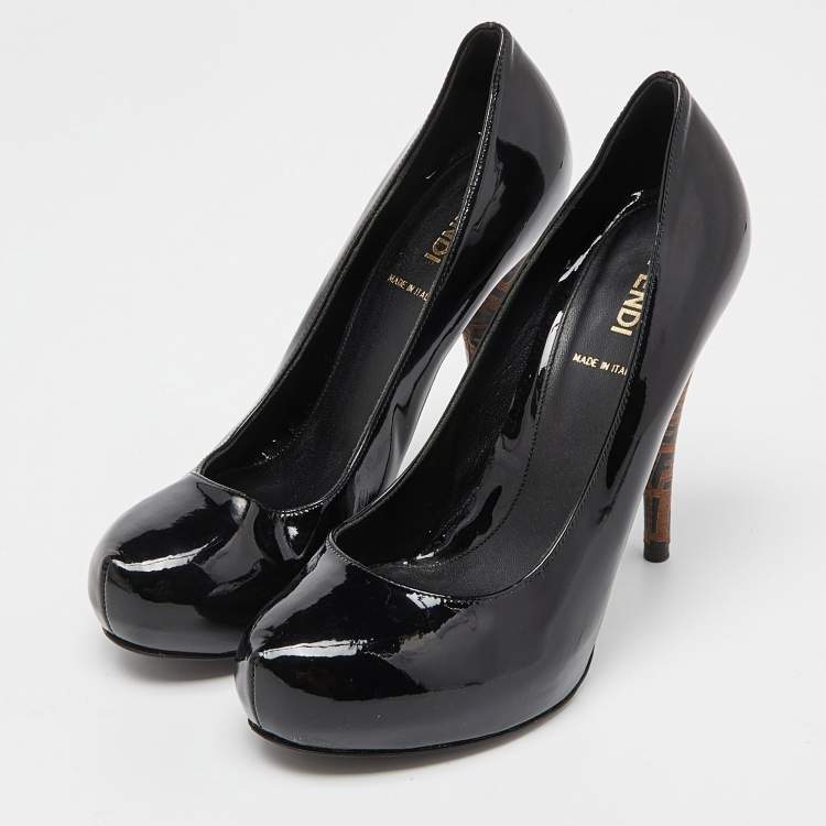 Pre Owned Fendi Black Patent Leather Platform FF Superstar Pump Size 37