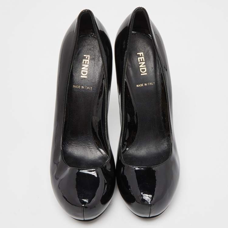 Pre Owned Fendi Black Patent Leather Platform FF Superstar Pump Size 37