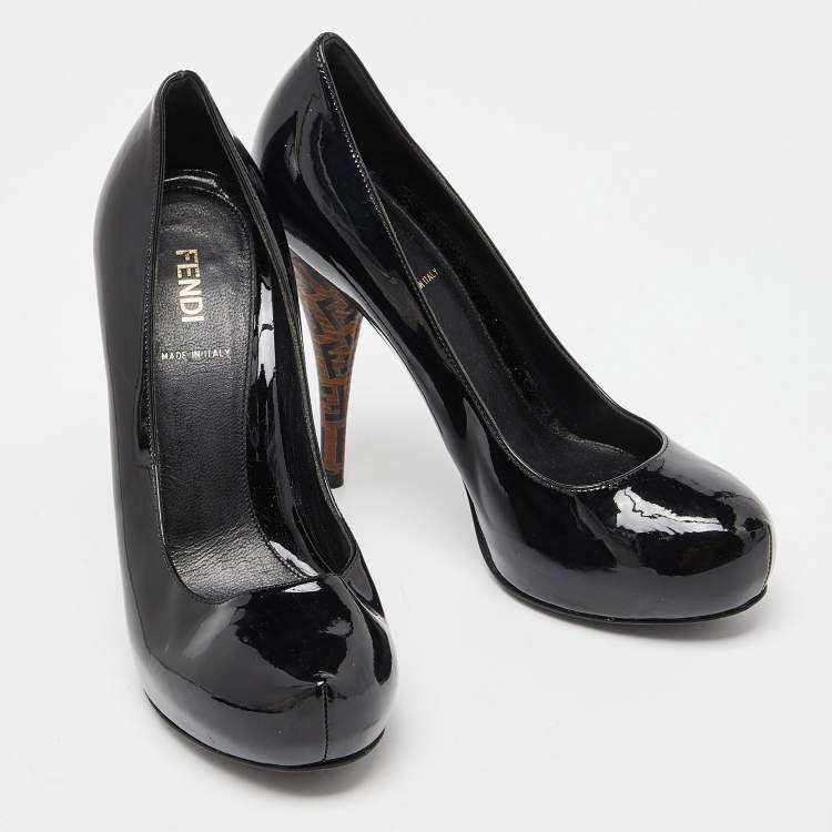 Pre Owned Fendi Black Patent Leather Platform FF Superstar Pump Size 37
