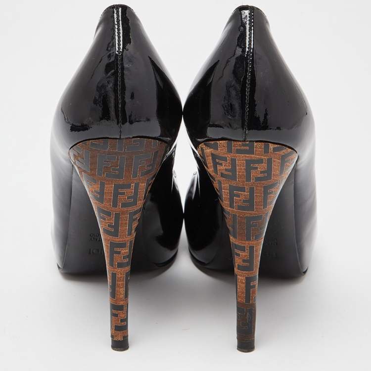 Pre Owned Fendi Black Patent Leather Platform FF Superstar Pump Size 37