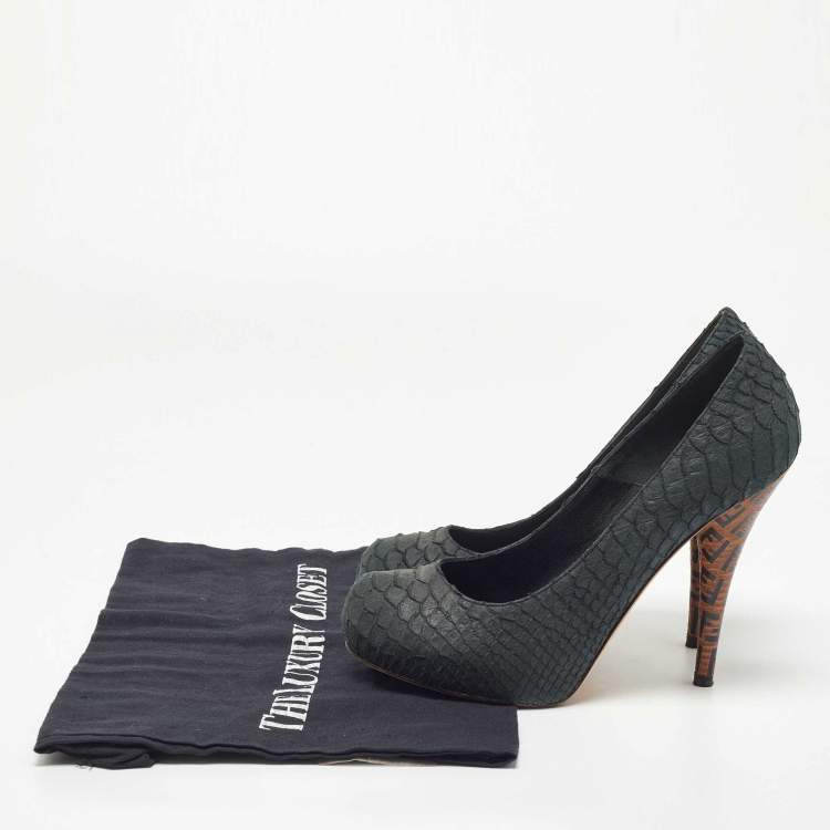 Pre Owned Fendi Dark Green Python Embossed Leather Superstar Pumps Size 36