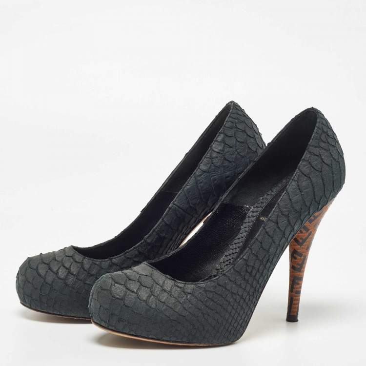 Pre Owned Fendi Dark Green Python Embossed Leather Superstar Pumps Size 36