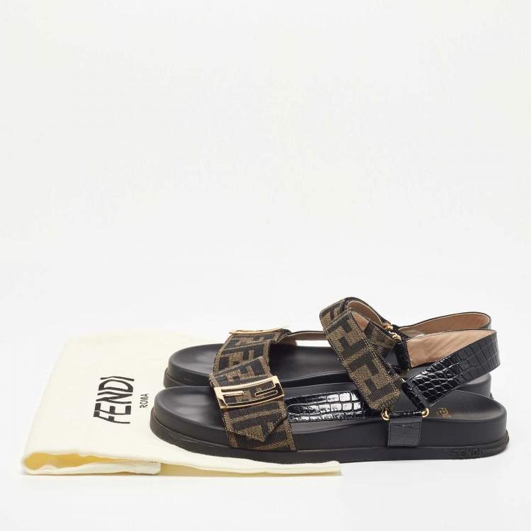 Pre Owned Fendi Brown/Black Zucca Canvas and Croc Embossed Leather Flat Sandals Size 40
