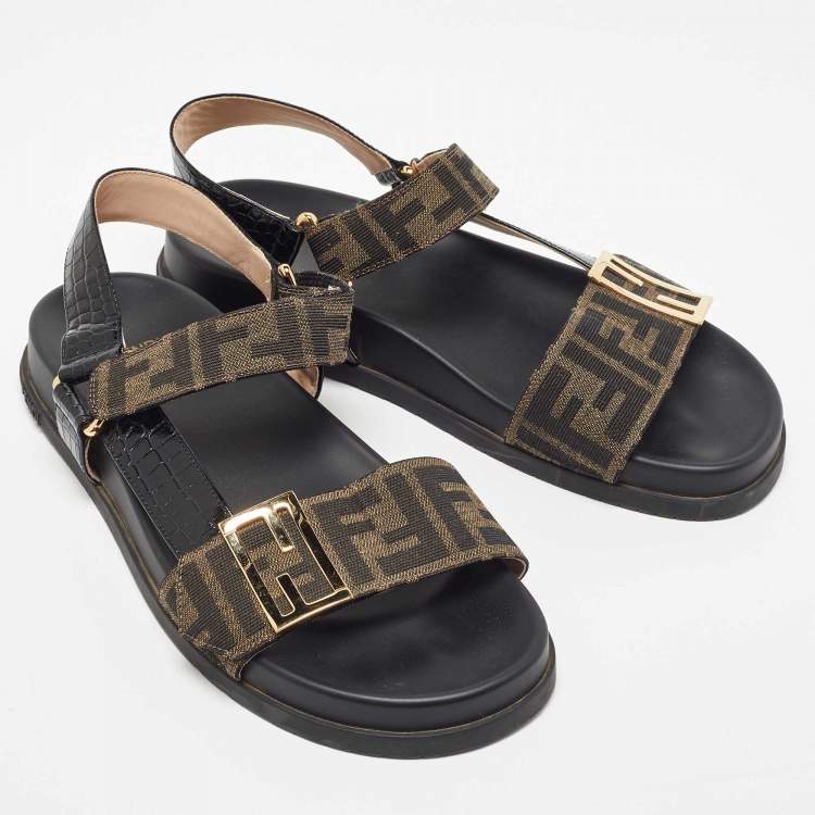 Pre Owned Fendi Brown/Black Zucca Canvas and Croc Embossed Leather Flat Sandals Size 40