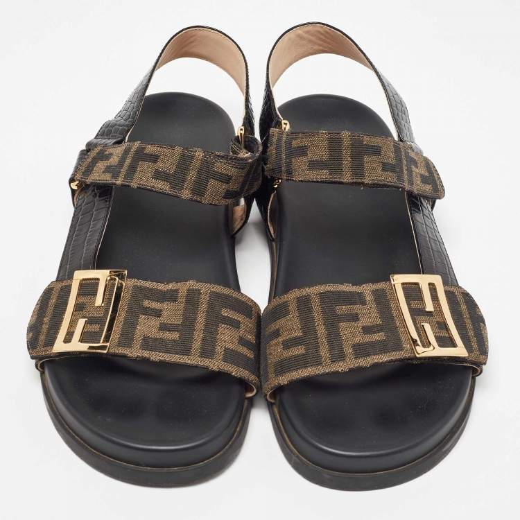 Pre Owned Fendi Brown/Black Zucca Canvas and Croc Embossed Leather Flat Sandals Size 40