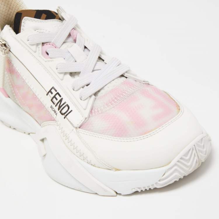 Pre Owned Fendi White/Pink Leather and Zucca Mesh Low Top Sneakers Size 36