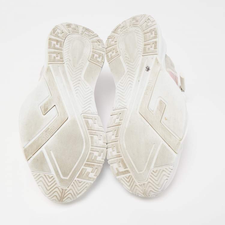 Pre Owned Fendi White/Pink Leather and Zucca Mesh Low Top Sneakers Size 36