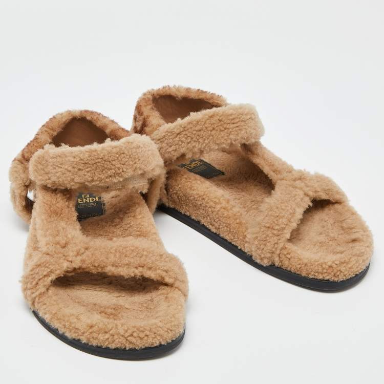 Pre Owned Fendi Brown Shearling Fur Ankle Strap Flat Sandals Size 40