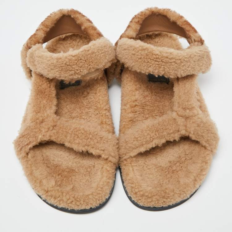 Pre Owned Fendi Brown Shearling Fur Ankle Strap Flat Sandals Size 40
