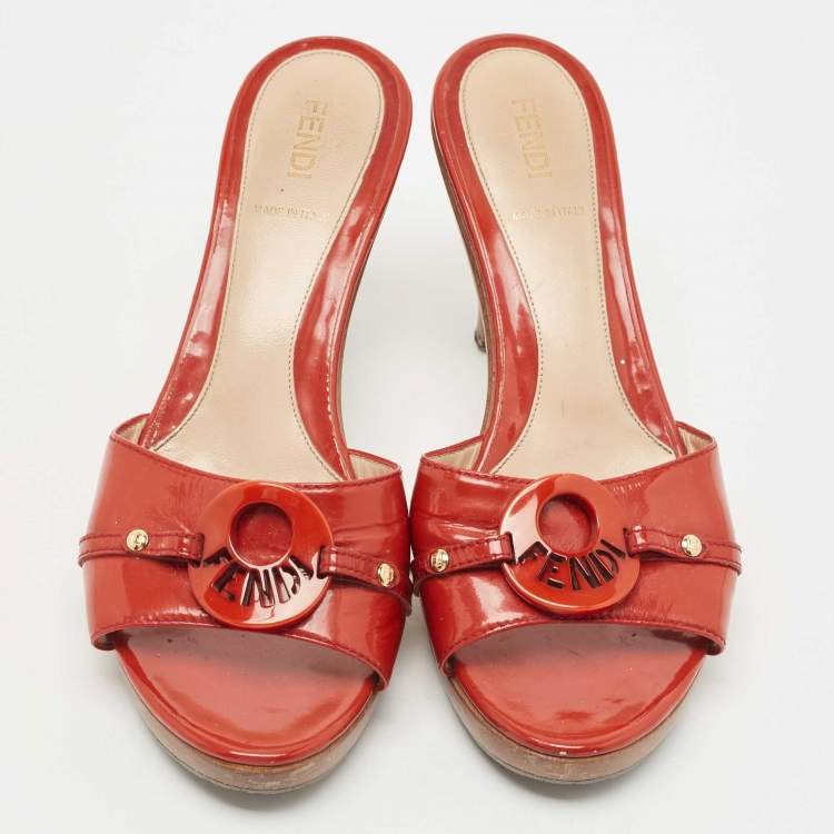 Pre Owned Fendi Red Patent Leather Logo Slide Sandals Size 37.5