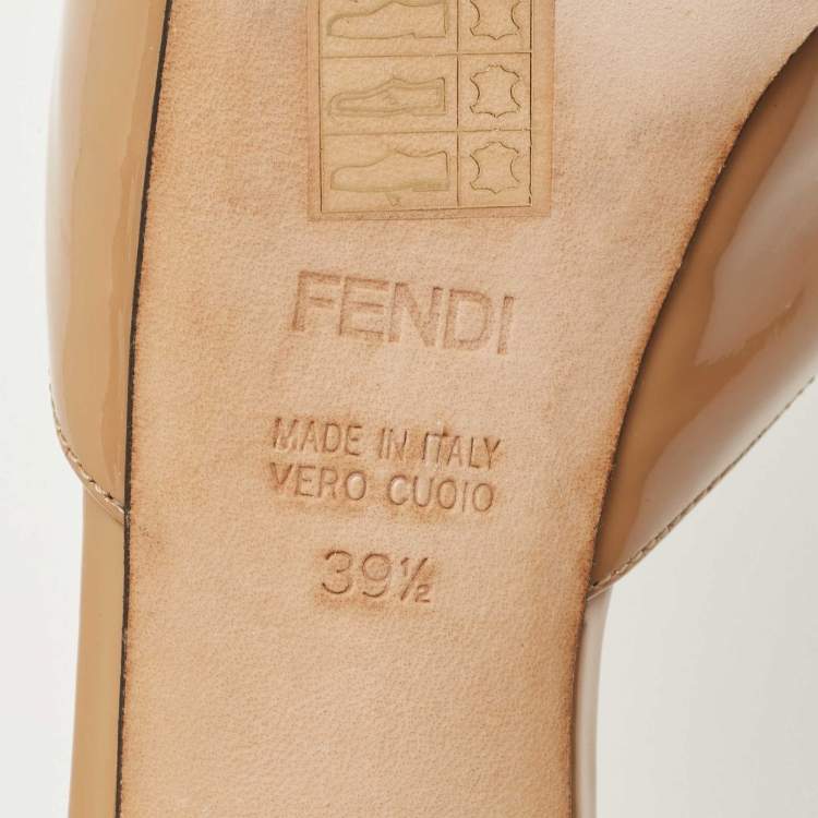 Pre Owned Fendi Brown Patent Leather Zucca Print Heel Peep Toe Slide Sandals Size 39.5