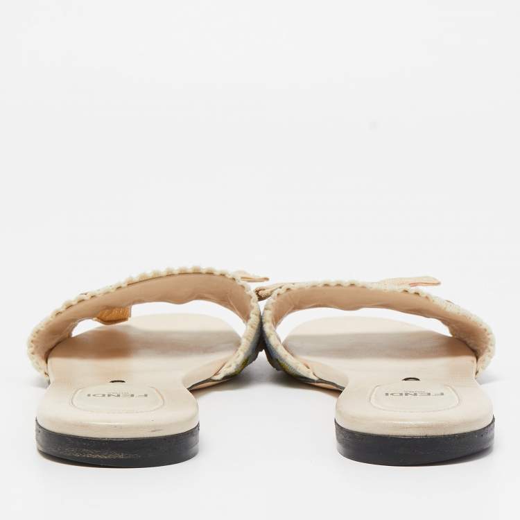 مملوكة مسبقًا Fendi Cream Flower Embroidered Bow Embellished Flat Slides Size 39.5