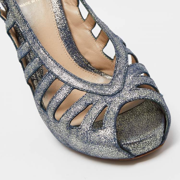 Pre Owned Fendi Blue/Silver Texture Suede Slingback Pumps Size 38.5