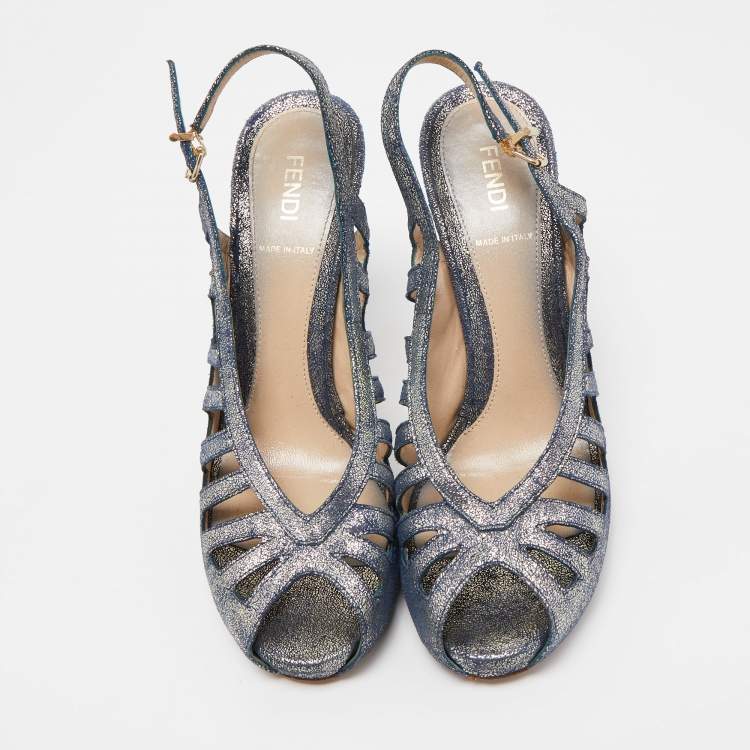 Pre Owned Fendi Blue/Silver Texture Suede Slingback Pumps Size 38.5