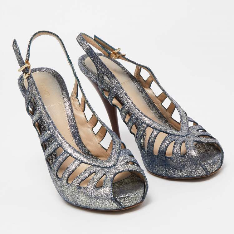 Pre Owned Fendi Blue/Silver Texture Suede Slingback Pumps Size 38.5