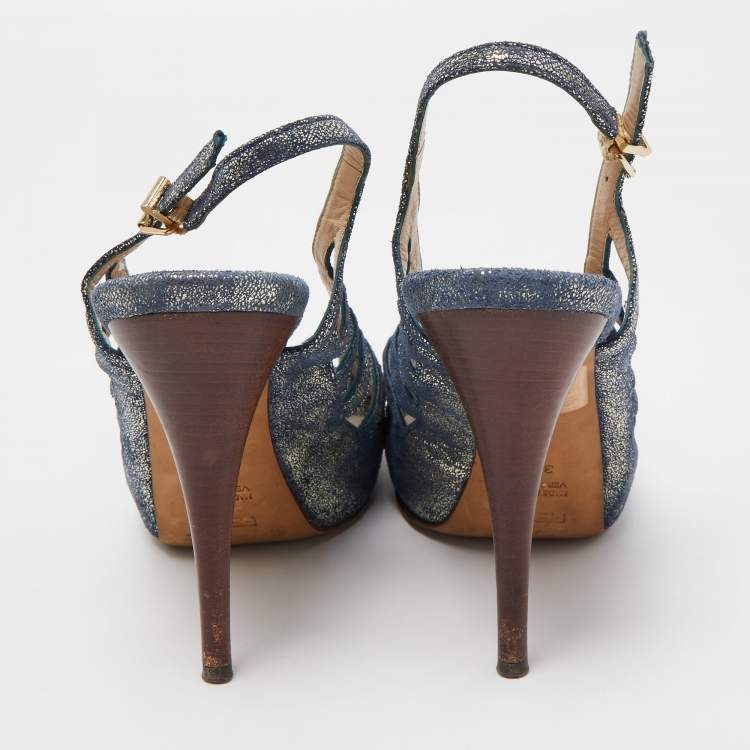 Pre Owned Fendi Blue/Silver Texture Suede Slingback Pumps Size 38.5