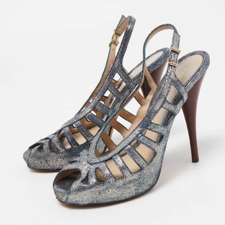 Pre Owned Fendi Blue/Silver Texture Suede Slingback Pumps Size 38.5