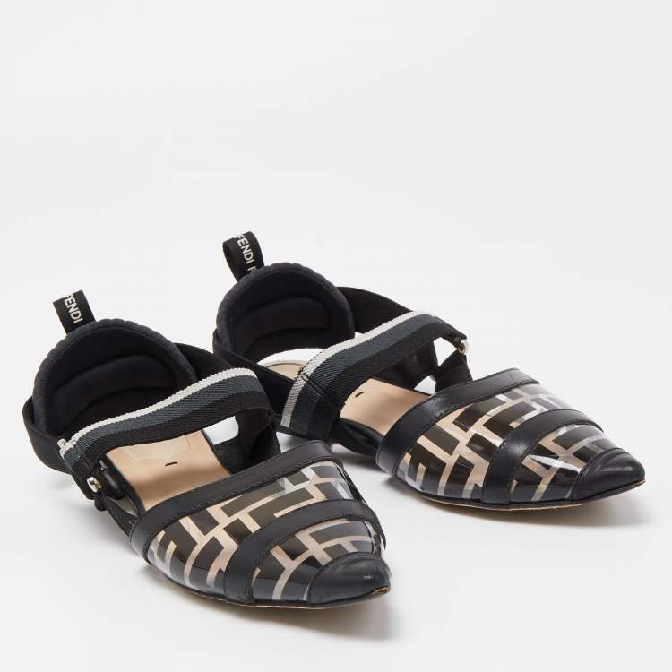 مملوكة مسبقًا Fendi Black Zucca PVC and Leather Colibri Slingback Flats Size 36