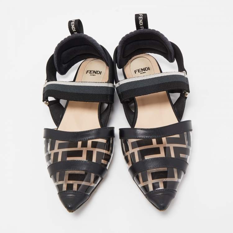 مملوكة مسبقًا Fendi Black Zucca PVC and Leather Colibri Slingback Flats Size 36