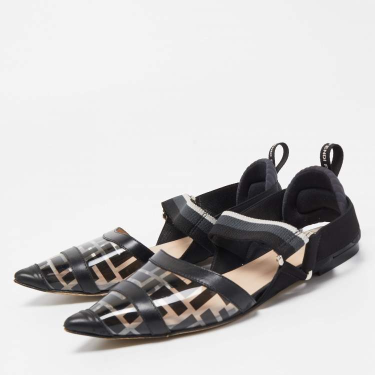 مملوكة مسبقًا Fendi Black Zucca PVC and Leather Colibri Slingback Flats Size 36