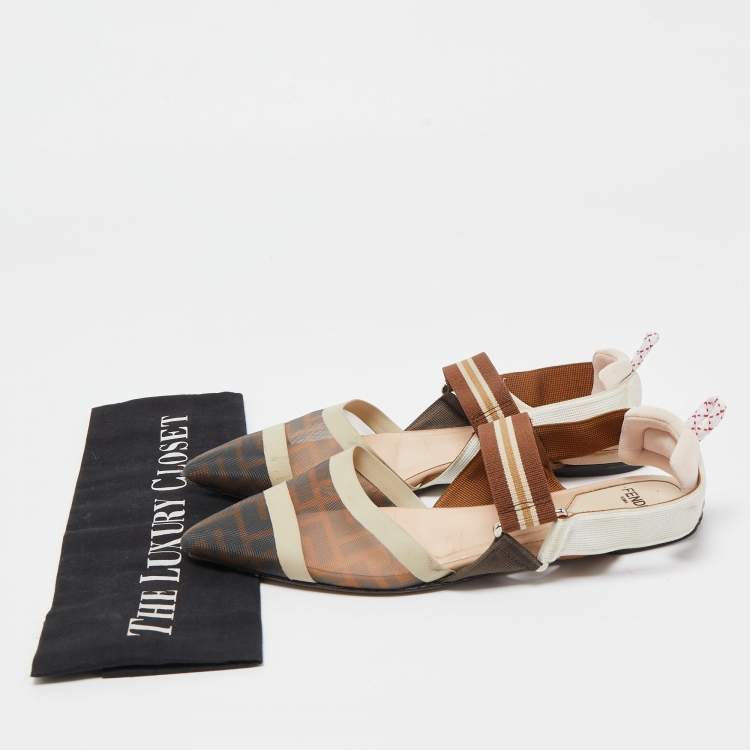 Pre Owned Fendi Brown Zucca Mesh and Leather Colibri Slingback Flats Size 37