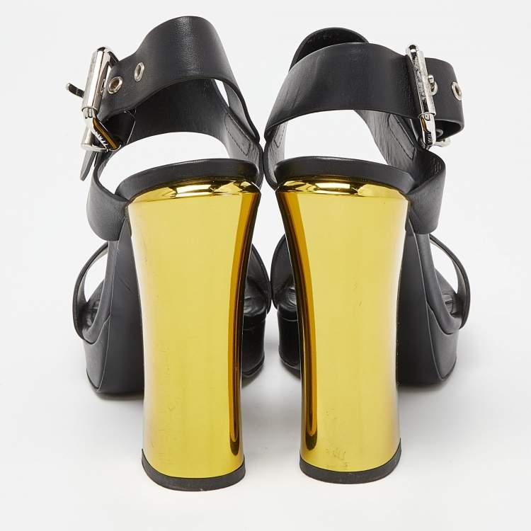 Pre Owned Fendi Black Leather Plateau Block Heel Sandals Size 39