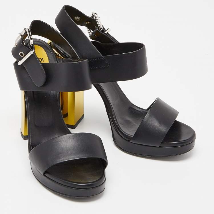 Pre Owned Fendi Black Leather Plateau Block Heel Sandals Size 39