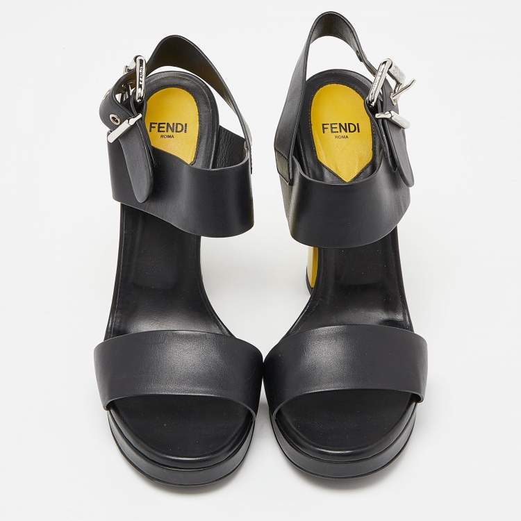Pre Owned Fendi Black Leather Plateau Block Heel Sandals Size 39