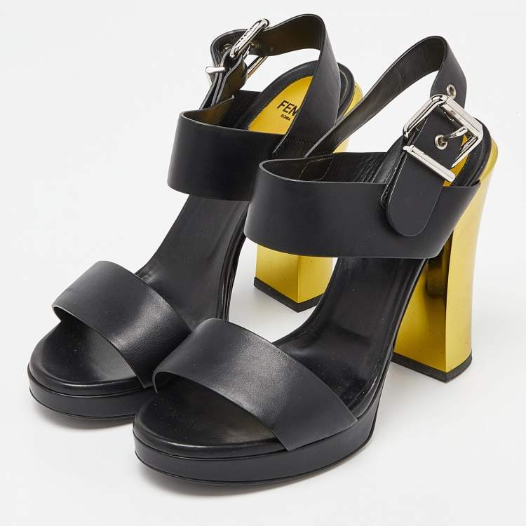 Pre Owned Fendi Black Leather Plateau Block Heel Sandals Size 39