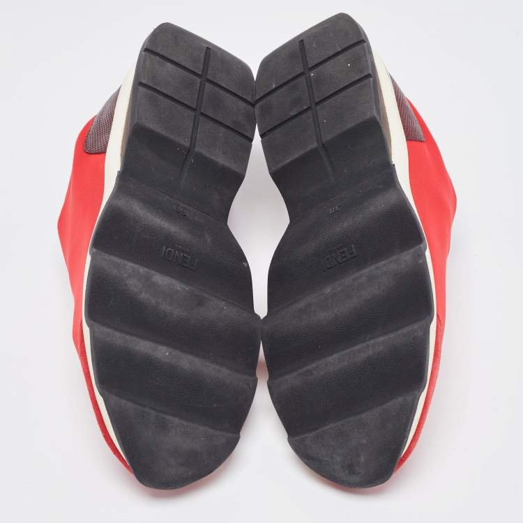 Pre Owned Fendi Red/Brown Neoprene and Lizard Embossed Leather Studded Slip On Sneakers Size 38