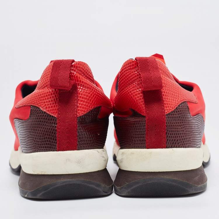 Pre Owned Fendi Red/Brown Neoprene and Lizard Embossed Leather Studded Slip On Sneakers Size 38