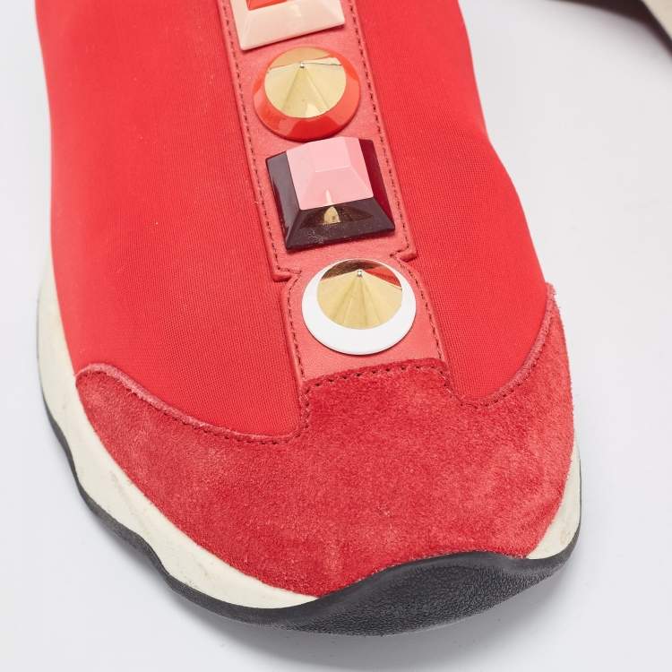 Pre Owned Fendi Red/Brown Neoprene and Lizard Embossed Leather Studded Slip On Sneakers Size 38