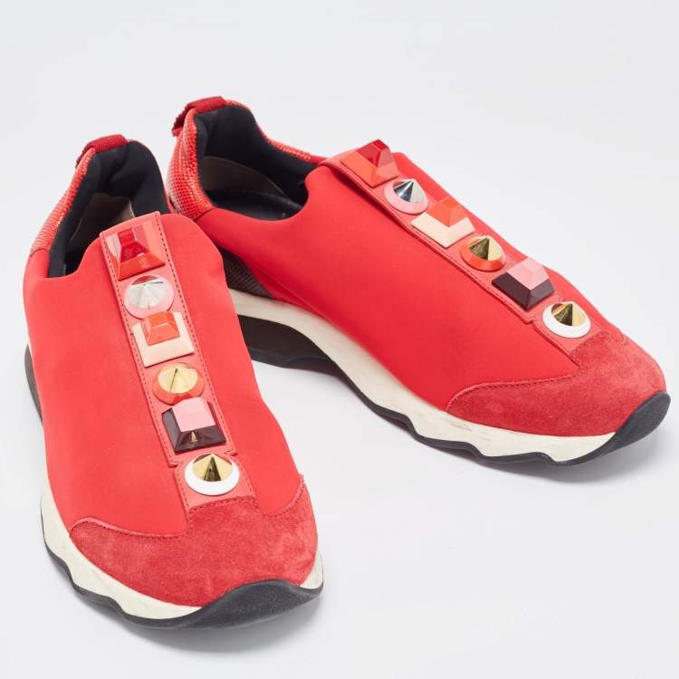 Pre Owned Fendi Red/Brown Neoprene and Lizard Embossed Leather Studded Slip On Sneakers Size 38