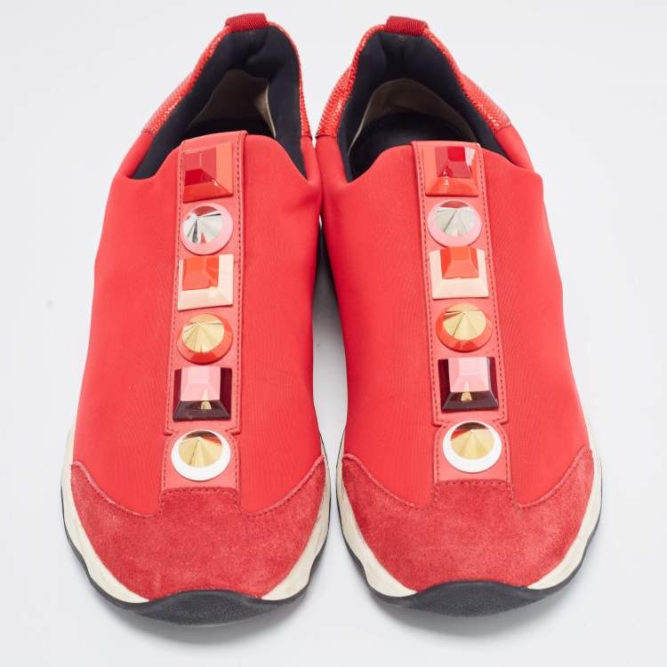 Pre Owned Fendi Red/Brown Neoprene and Lizard Embossed Leather Studded Slip On Sneakers Size 38