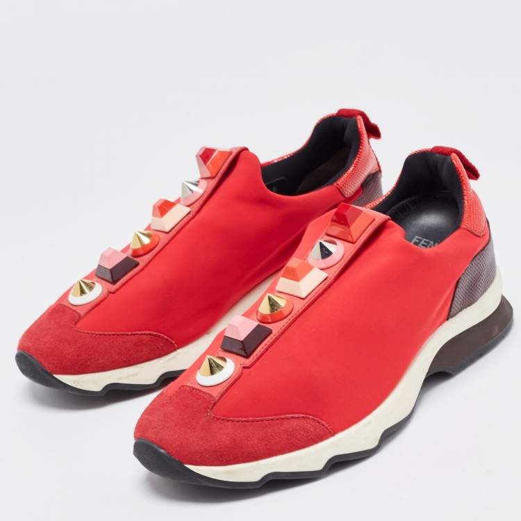 Pre Owned Fendi Red/Brown Neoprene and Lizard Embossed Leather Studded Slip On Sneakers Size 38