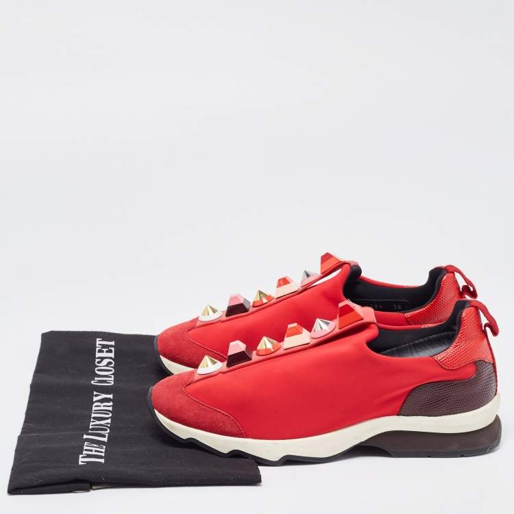 Pre Owned Fendi Red/Brown Neoprene and Lizard Embossed Leather Studded Slip On Sneakers Size 38