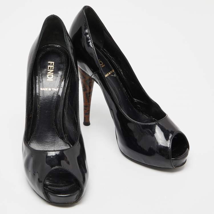 Pre Owned Fendi Black Patent Leather Peep Toe Platform Pumps Size 36